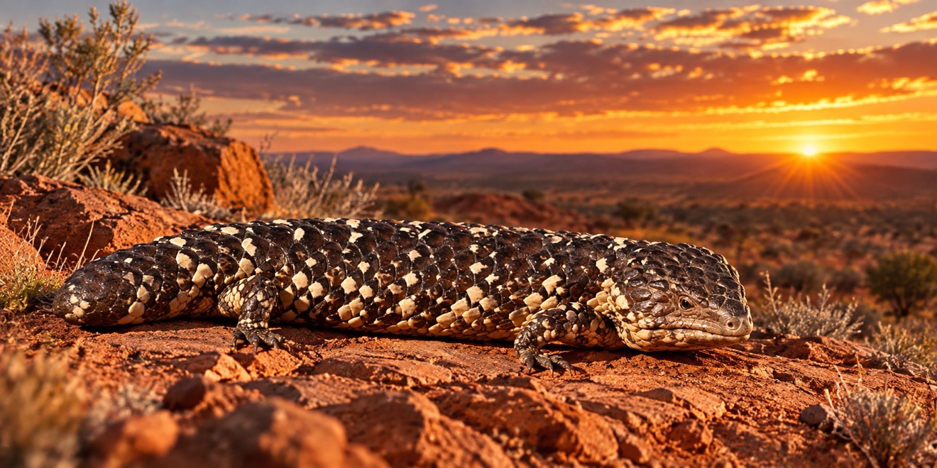 Shingleback skink at sunset